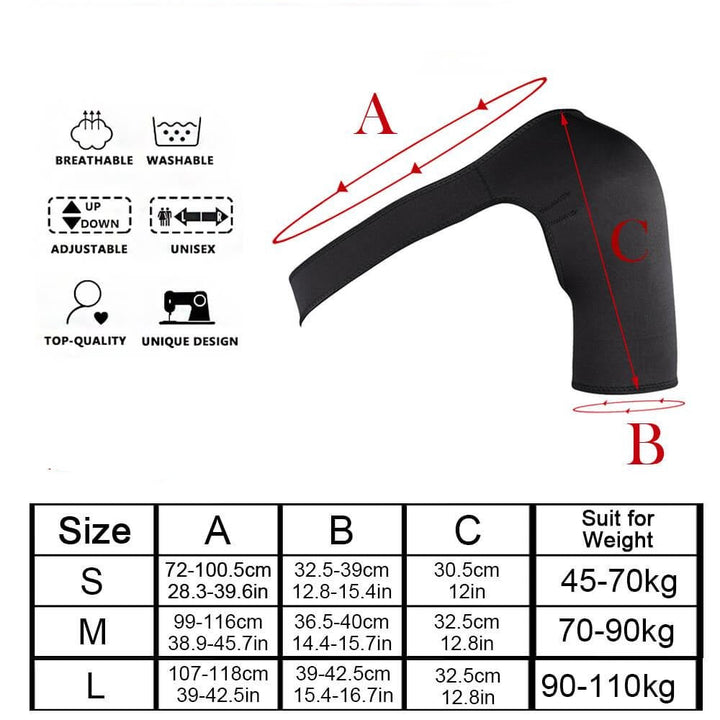 Hoogwaardige unisex schouderbrace met compressie voor pijnverlichting, blessureherstel en sportondersteuning.