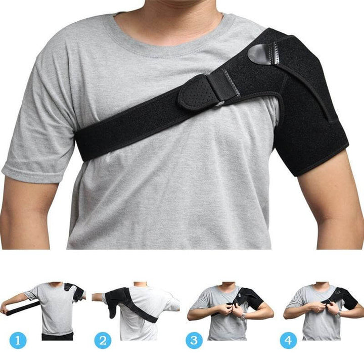 Model draagt een unisex compressie schouderbrace voor stabiliteit en pijnverlichting bij de schouder.