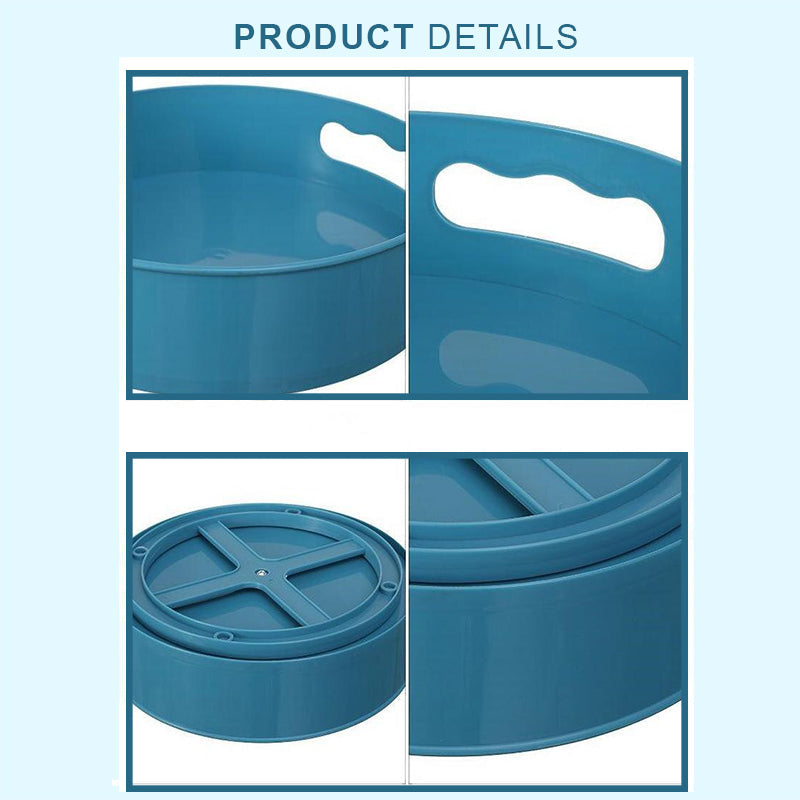 Blauw draaiplateau organizer voor badkamerproducten. Houdt cosmetica en flesjes geordend.