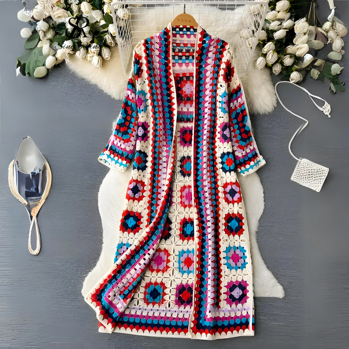 Elegant lang damesvest in levendige kleuren, perfect voor een stijlvolle en comfortabele look.