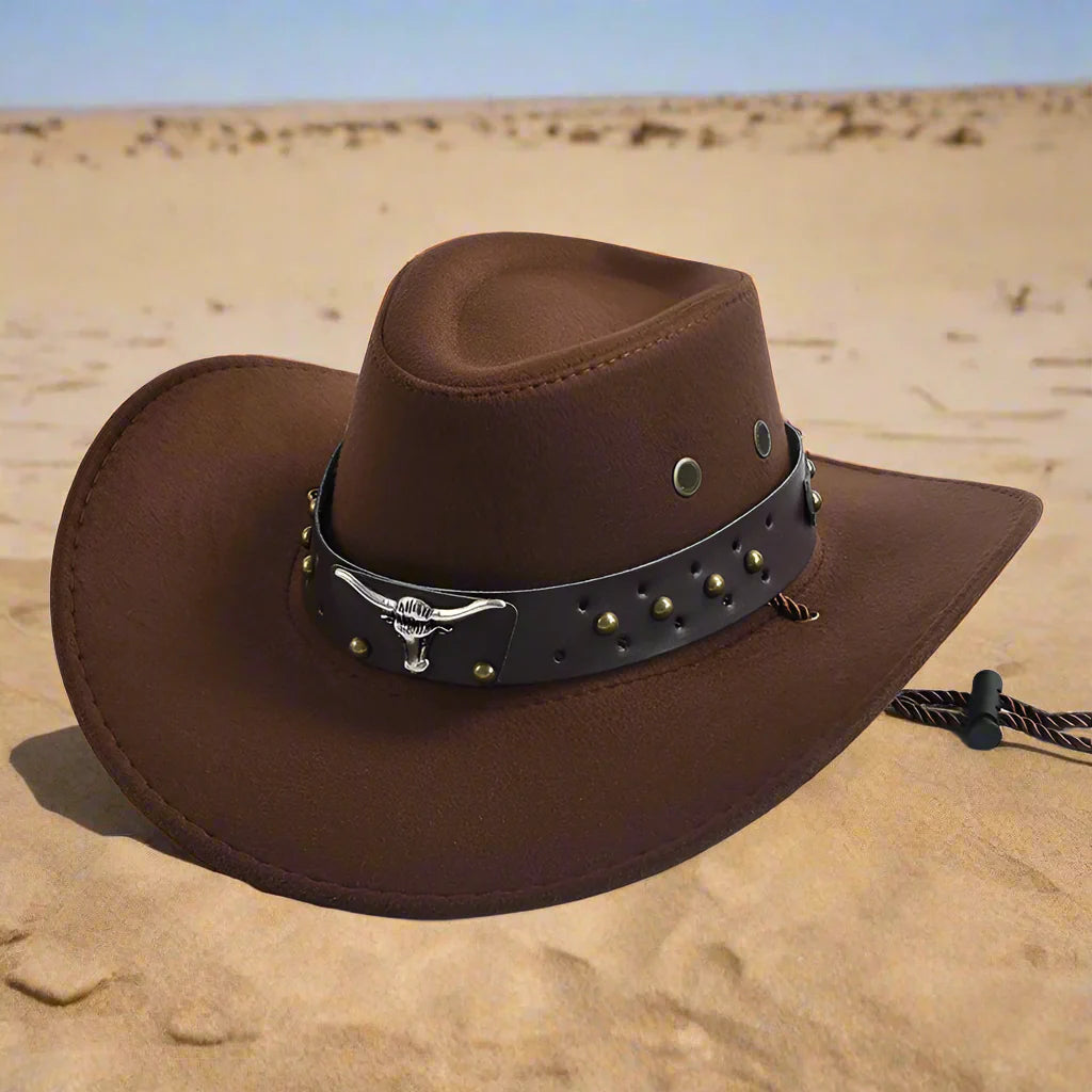 Klassieke heren cowboy hoed met stijlvolle gevlochten kinband, perfect voor een western look.
