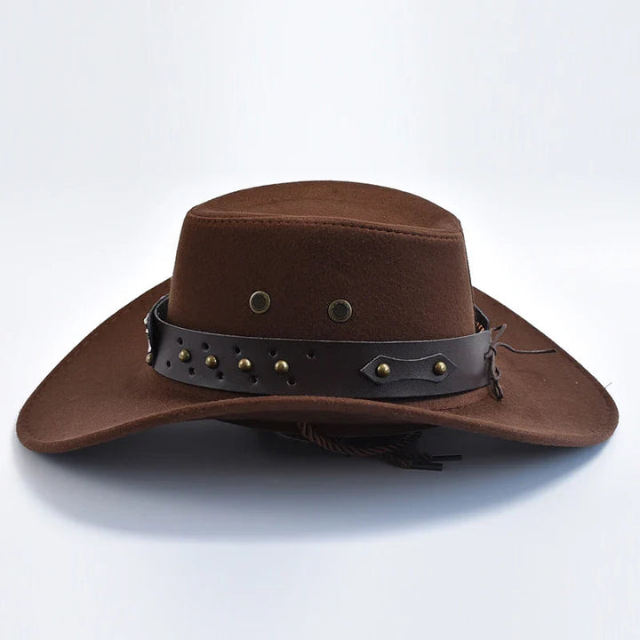 Stoere cowboy hoed voor heren, traditionele stijl met praktische gevlochten kinband.