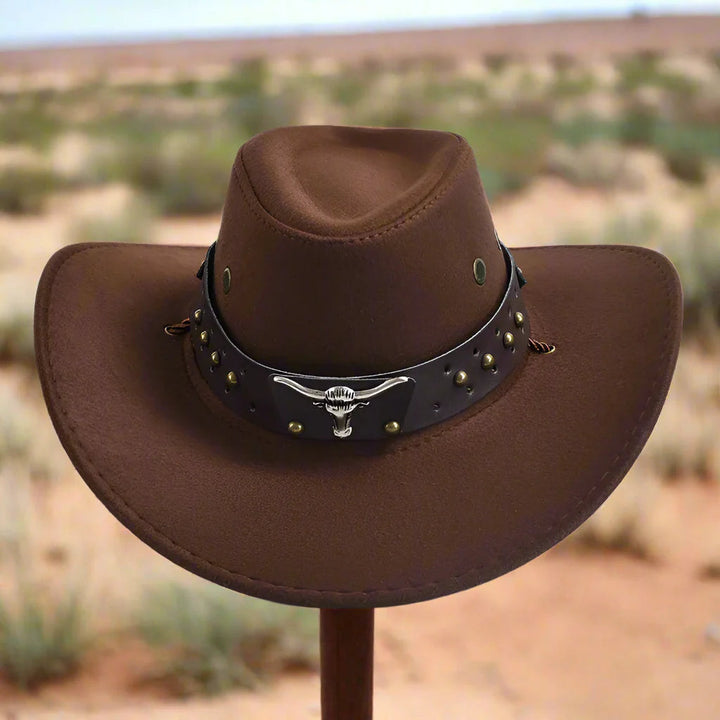 Authentieke heren cowboy hoed, een klassiek western accessoire met verstelbare kinband.
