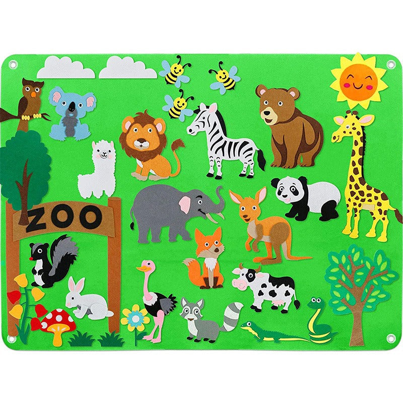 "Creatief peuter viltbord met dieren, waterwezens, boerderij en ruimte thema's. Perfect voor fantasievol spel."