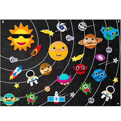 "Creatief peuter viltbord met dieren, waterwezens, boerderij en ruimte thema's. Perfect voor fantasievol spel."