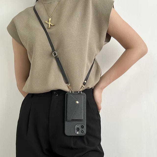 Beige lederen crossbody telefoonhoesje met pasjeshouder voor optimale telefoon bescherming.