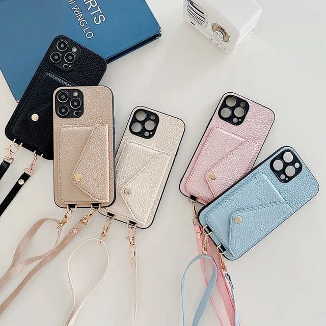 Stijlvol dames crossbody telefoonhoesje van leer met kaarthouder, ideaal voor handsfree gebruik.