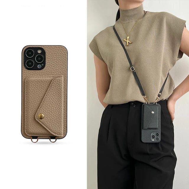 Dames lederen crossbody telefoonhoesje met pasjeshouder en verstelbaar koord, zwart.
