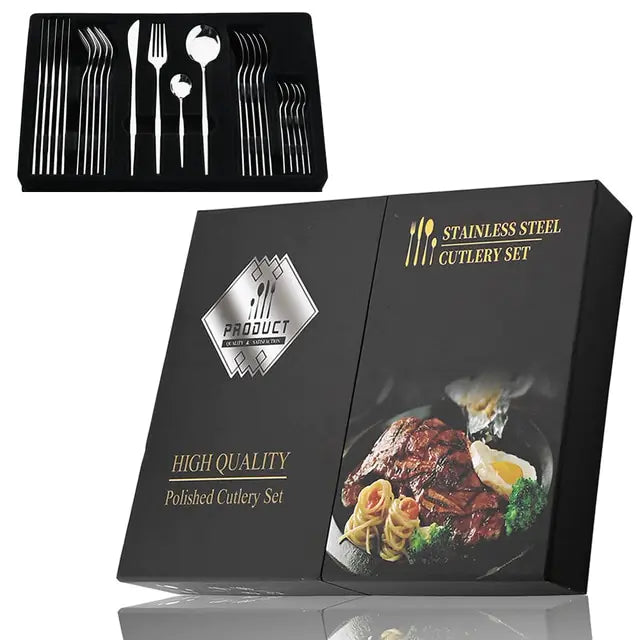 Duurzame 24-delige RVS bestekset Aurinox, hoogwaardig roestvrij staal, mat zwart design.