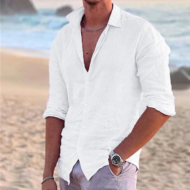 Heren linnen shirt lange mouwen regular fit, ademend en comfortabel voor een ontspannen zomerstijl.