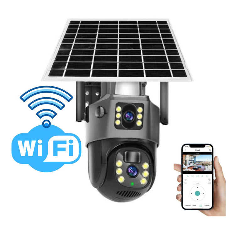 Duurzame buiten camera met zonnepaneel en 4K resolutie. Geen kabels nodig, werkt via Wifi/4G.