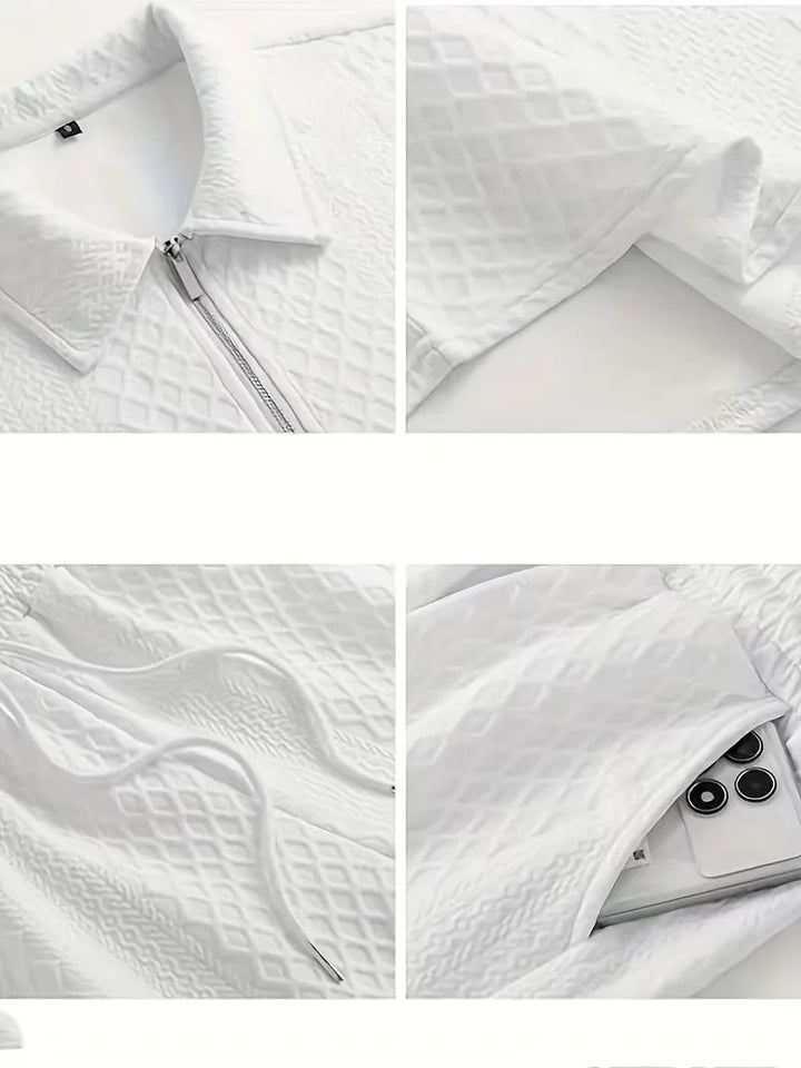 Heren zomer kledingset: casual poloshirt met rits & shorts. Trendy diamantpatroon, comfortabele pasvorm.