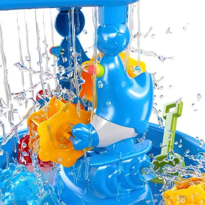 Vrolijke speelset: kinderen spelen met zand en water aan deze innovatieve 3-laags buitenspeeltafel.