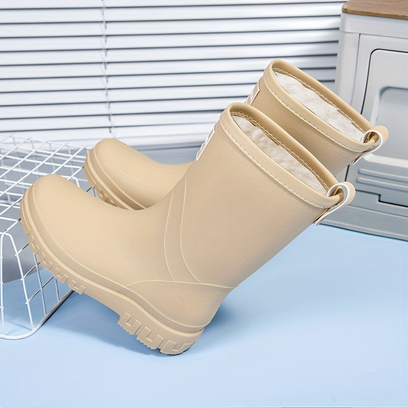 Warme waterdichte dames regenlaarzen met comfortabele fleecevoering en handige slip-on design.