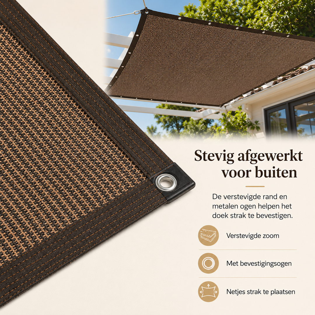 PE schaduwdoek, duurzaam en effectief als zonwering; perfect voor comfort op terras, balkon of tuin.