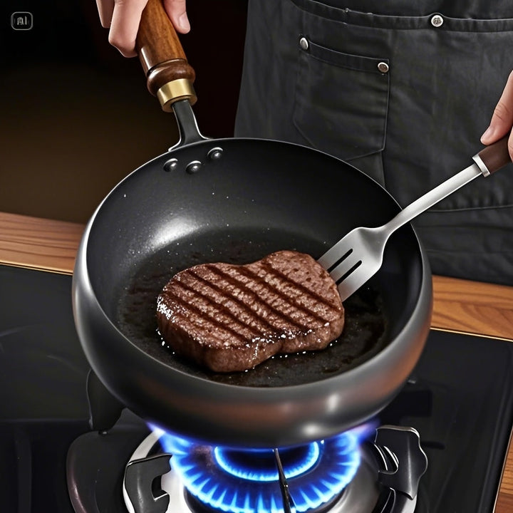 Detail van de robuuste ChefMaster gietijzeren pan, duurzaam kookgerei voor jarenlang plezier.