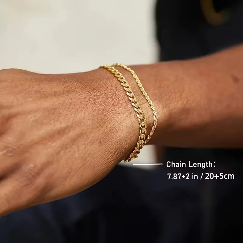 Goudkleurige Cuban Link & zilverkleurige Rope Chain heren armbanden set. Deze schakel- en touwarmbanden zijn stijlvol.