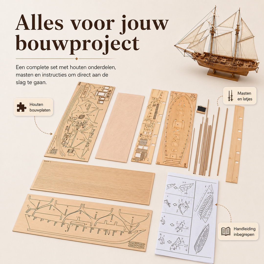 Nauwkeurig gesneden houten onderdelen van klassiek zeilschip 3D puzzel. Kwaliteits modelbouw kit.