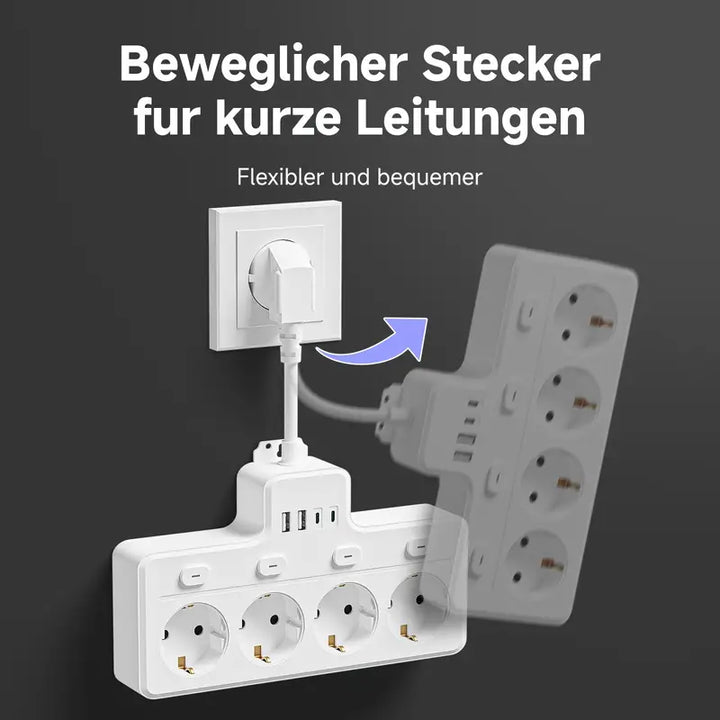 Compact multi-stroompaneel met diverse USB, USB-C en AC stopcontacten; efficiënt laadstation voor apparaten.
