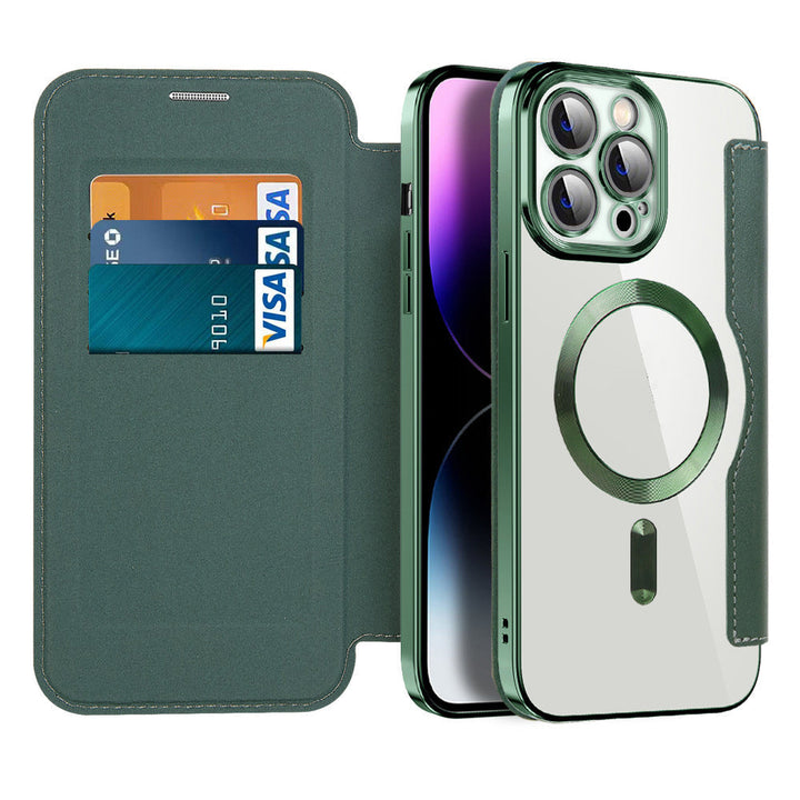 Elegant zwart leren telefoonhoesje met flip-design, magneetsluiting en bescherming tegen krassen.