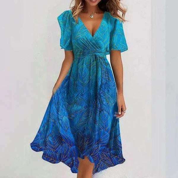 Dames A-lijn jurk met bloemenprint, V-hals, korte mouwen, ideaal voor een zomerse look.