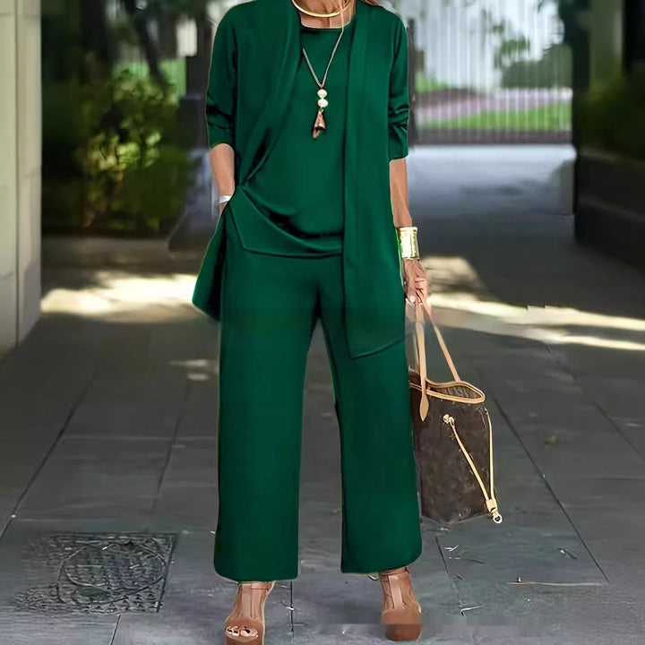 Damesset CJ26: elegante driedelige outfit met wijde broek voor een gelaagde dameslook.