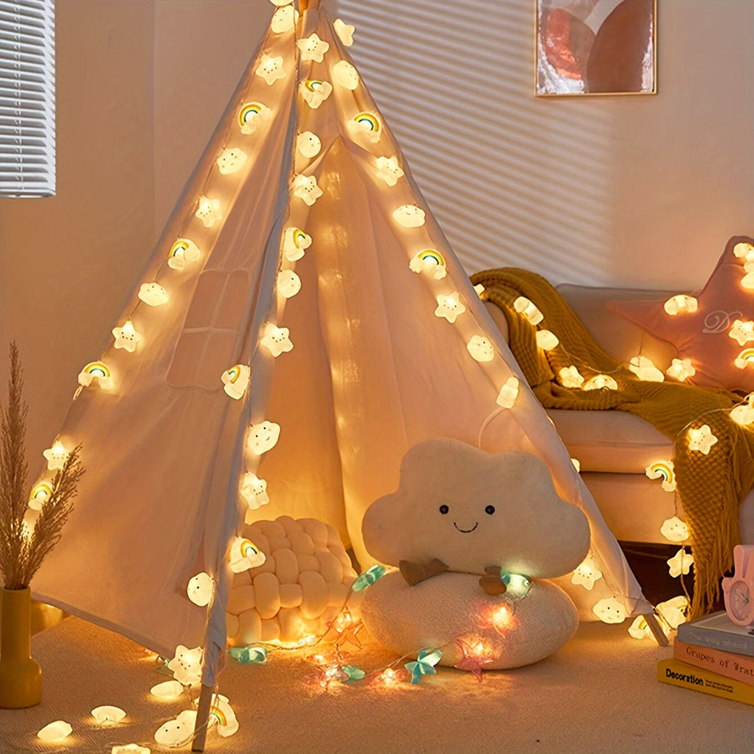 Magische LED string lights met ster, wolk en regenboog designs; sfeervolle decoratie voor elke ruimte.
