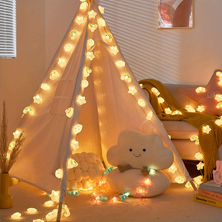 Magische LED string lights met ster, wolk en regenboog designs; sfeervolle decoratie voor elke ruimte.