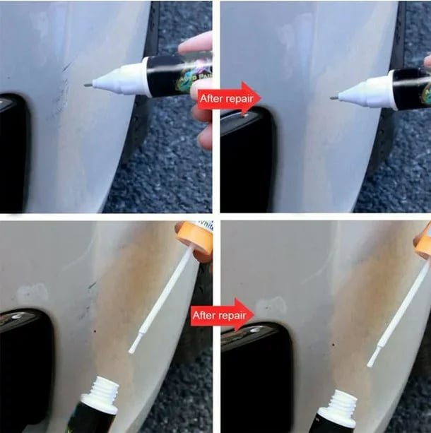 Demonstratie van lakstift op auto, toont gemakkelijke toepassing voor autolakherstel.