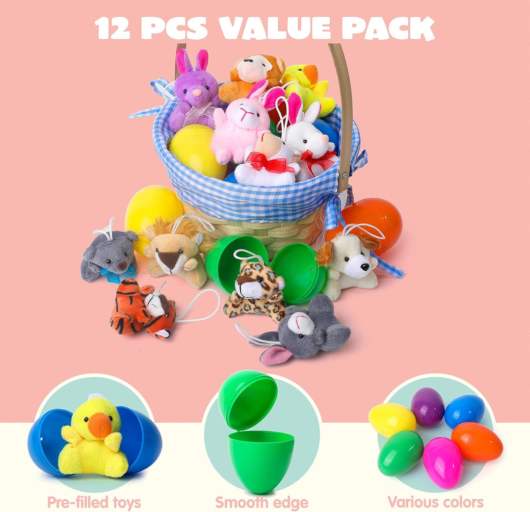 Spannende verrassingseieren! 12 pluche paaseieren met unieke mini-dieren, perfect voor kinderfeestjes en Pasen.