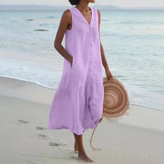 Luchtige lange casual damesjurk (CJ26) in effen design, comfortabel en stijlvol voor zomer en strand.