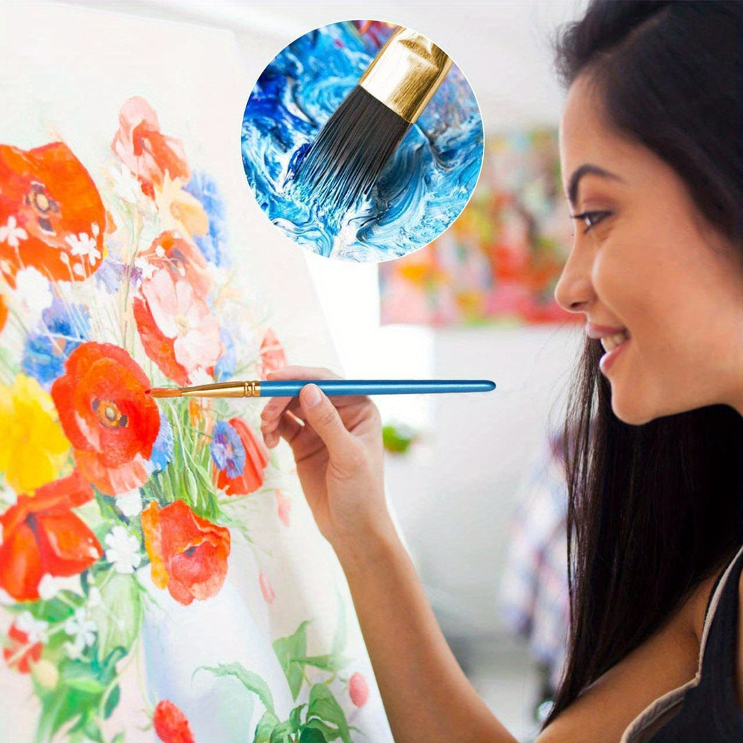 Afbeelding van de complete verfdoos met 18 tubes acrylverf en 10 penselen, essentiële kunstbenodigdheden.