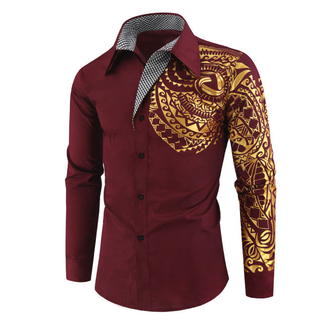 Elegant heren slim fit overhemd met opvallende gouden details, perfect voor een moderne, mannelijke look.