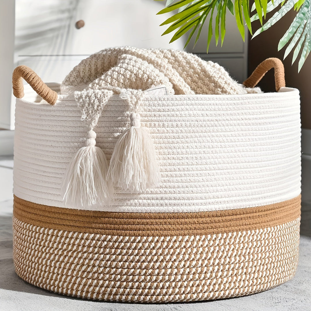 Boho katoenen opbergmand, ideaal voor stijlvolle interieur decoratie en praktisch opbergen in woonkamer of slaapkamer.