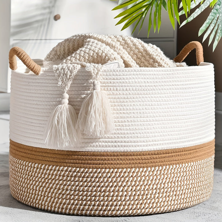Boho katoenen opbergmand, ideaal voor stijlvolle interieur decoratie en praktisch opbergen in woonkamer of slaapkamer.