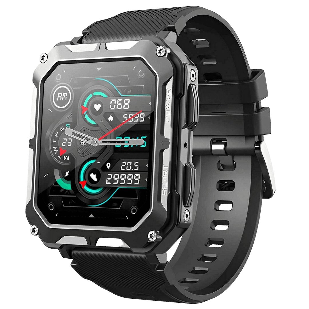Digitale heren smartwatch met stevig siliconen band en onverwoestbare kast, gebouwd voor duurzaamheid en actie.