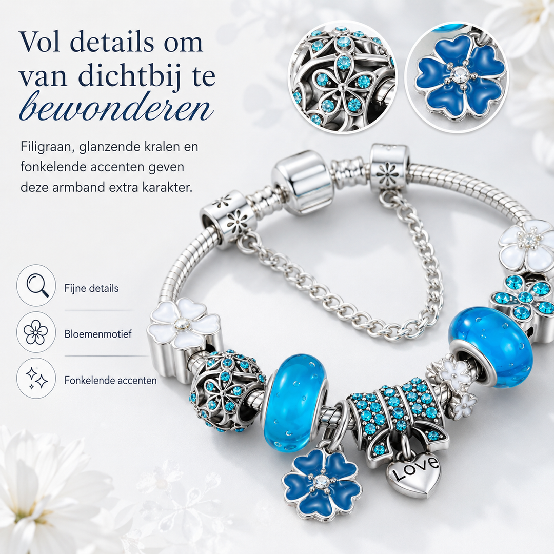 Prachtige zilveren armband met bloemen charms, een perfect cadeau voor vrouwen of Valentijn.