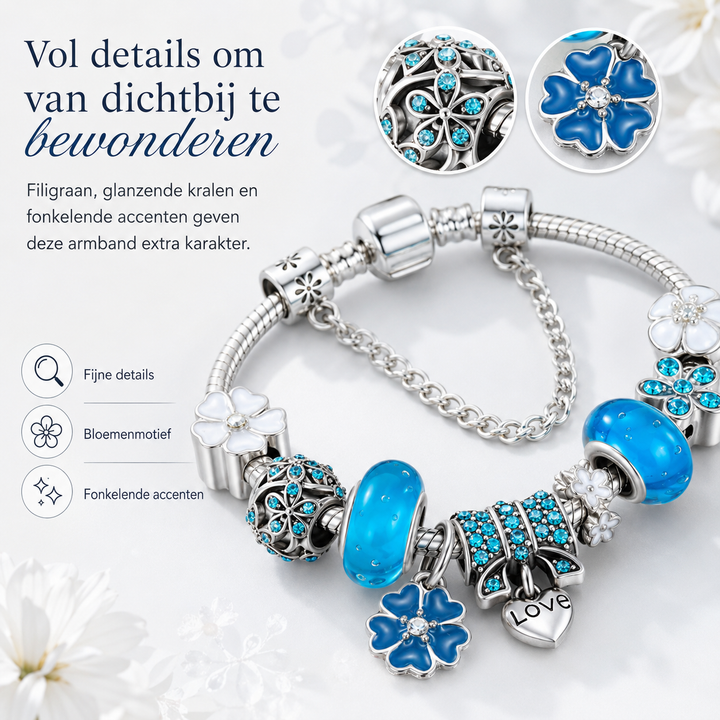 Prachtige zilveren armband met bloemen charms, een perfect cadeau voor vrouwen of Valentijn.