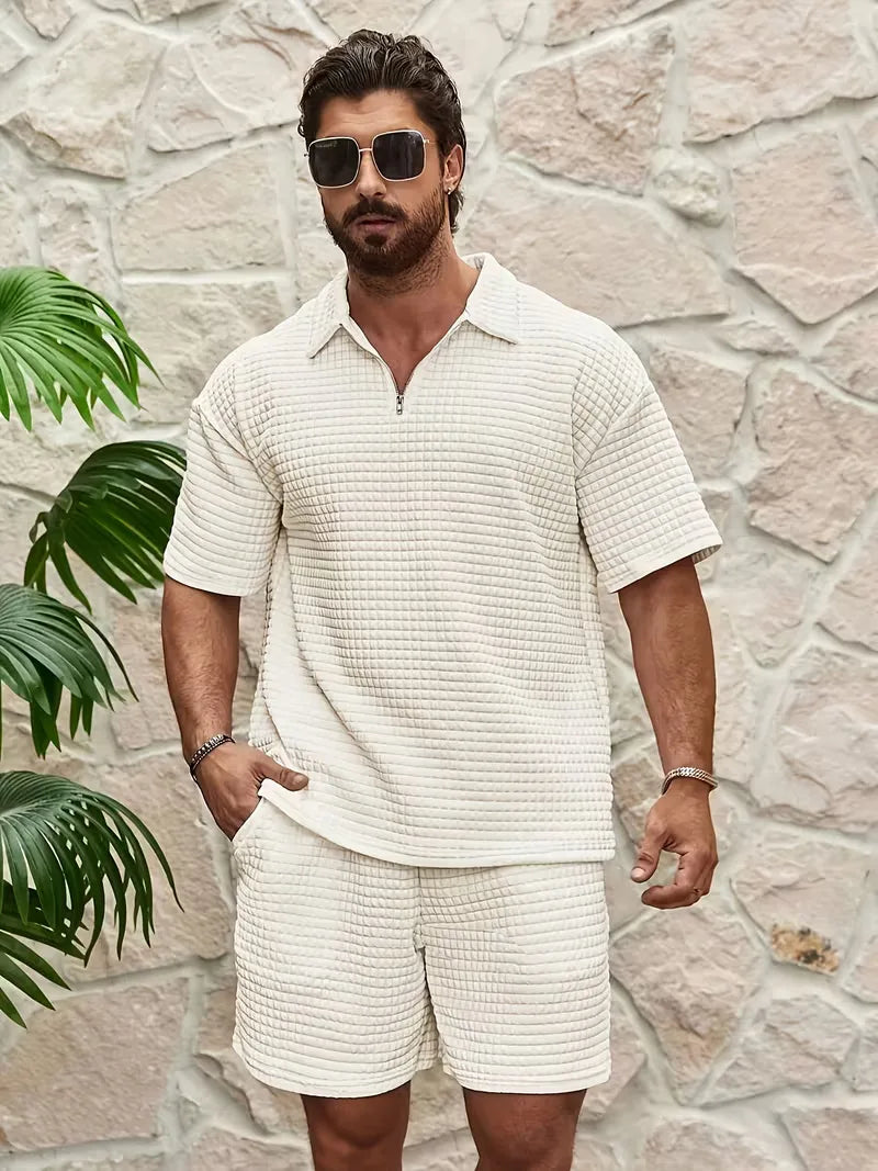 Vakantie shortset voor heren, casual stijl. Tweedelige set met textuur, V-hals en korte mouwen.