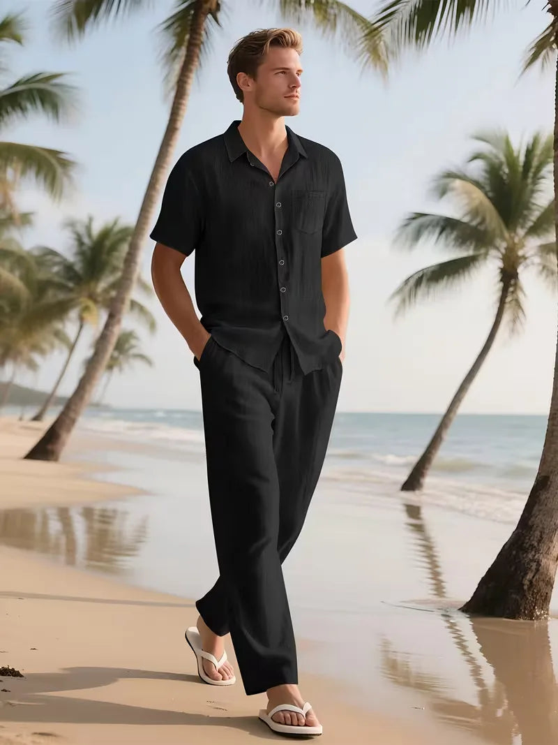Heren zomerset voor warme dagen: V-hals shirt korte mouwen & broek rechte pijpen, comfortabel.