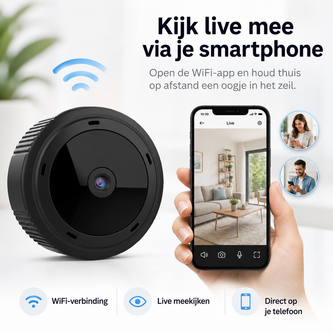 Compacte mini WiFi camera 1080P HD, perfect als binnencamera met draadloze bewaking en nachtzicht.