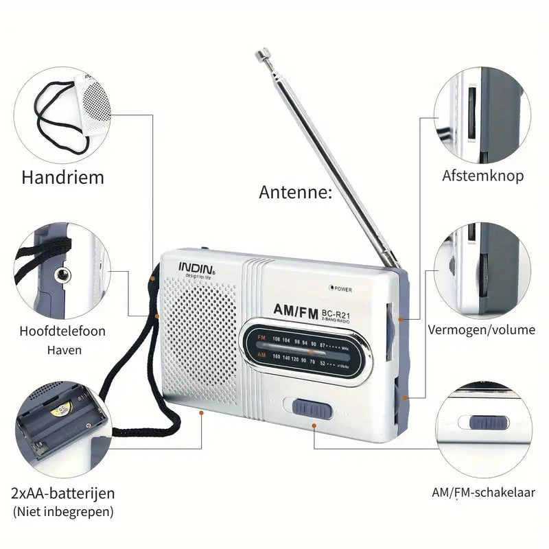Draagbare AM/FM radio toont tuning knoppen, volumeregeling en koptelefoonaansluiting voor privé stereo luisterplezier.