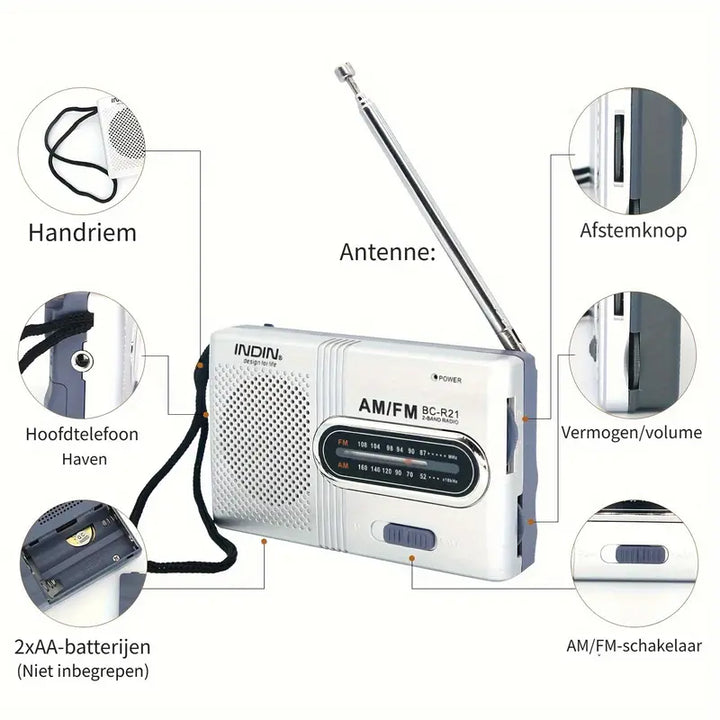 Draagbare AM/FM radio toont tuning knoppen, volumeregeling en koptelefoonaansluiting voor privé stereo luisterplezier.