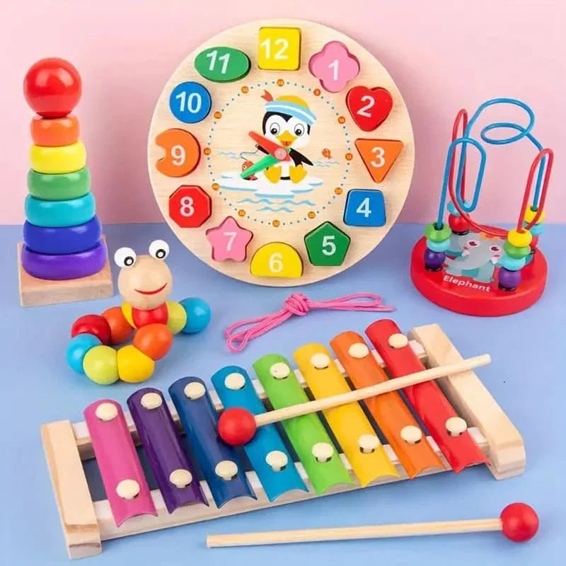 Zintuiglijk houten Montessori speelgoed voor baby's, 5-in-1; ontwikkelt fijne motoriek en zintuigen.
