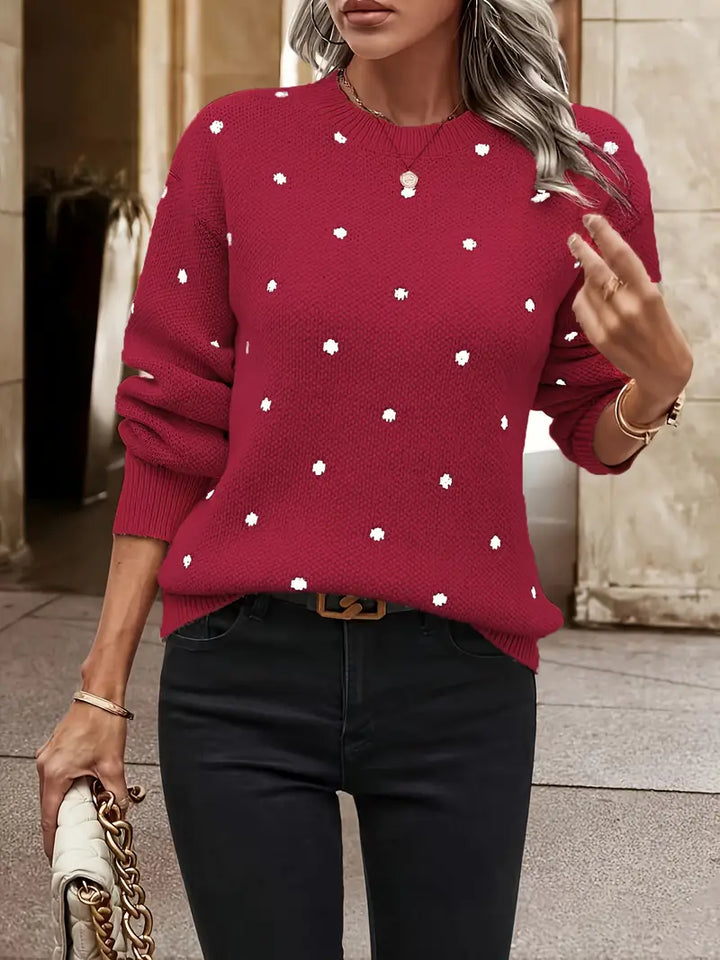 Elegante groene dames trui met subtiele polkadotjes, zowel comfortabel als stijlvol.