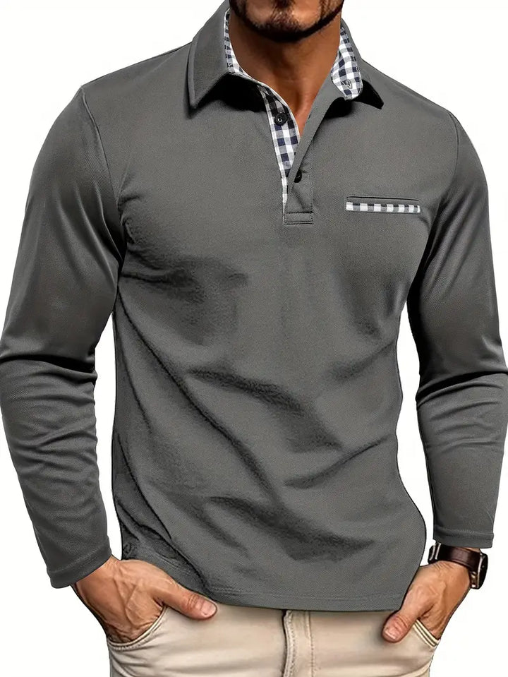 Grijze herenpolo met lange mouwen, zachte katoenmix, comfortabele herenmode bovenkleding voor elke dag.