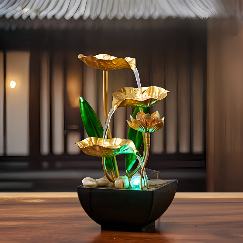 Sfeervolle lotus waterfontein met LED-verlichting, ideaal voor ontspanning en meditatie.