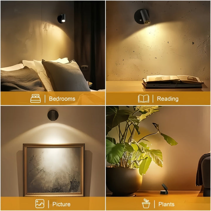 Meerdere FocusLight LED spotlampen creëren dynamische accentverlichting in een eigentijdse woonkamer.