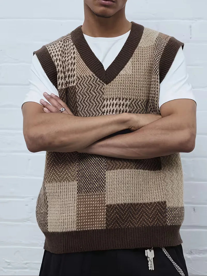 Zacht heren sweater vest (pullover) met subtiel geometrisch patroon. Mouwloos, comfortabel en stijlvol.