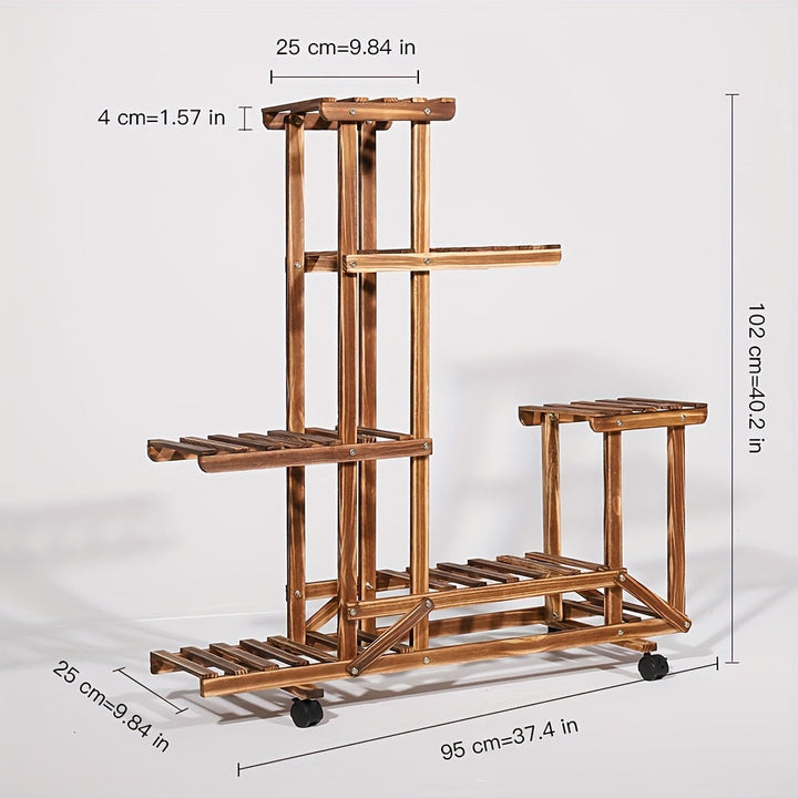 Gecarboniseerde houten plantenrek met zes niveaus; duurzame oplossing voor plantendecoratie.